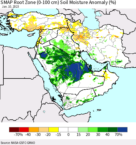 Middle East and Turkey SMAP Root Zone (0-100 cm) Soil Moisture Anomaly (%) Thematic Map For 1/6/2023 - 1/10/2023
