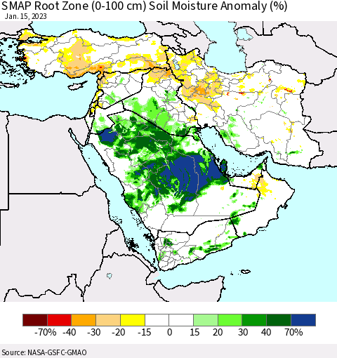 Middle East and Turkey SMAP Root Zone (0-100 cm) Soil Moisture Anomaly (%) Thematic Map For 1/11/2023 - 1/15/2023