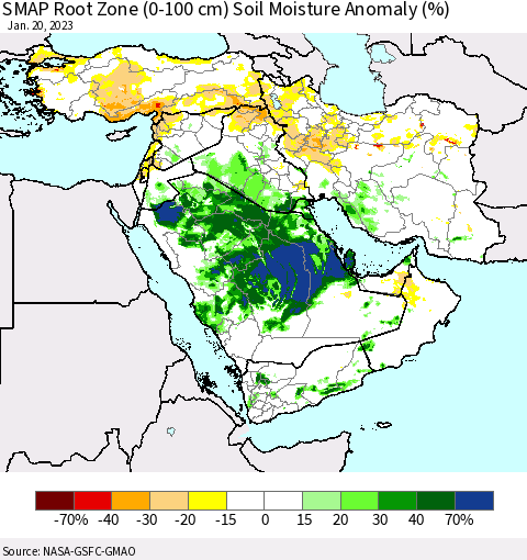 Middle East and Turkey SMAP Root Zone (0-100 cm) Soil Moisture Anomaly (%) Thematic Map For 1/16/2023 - 1/20/2023