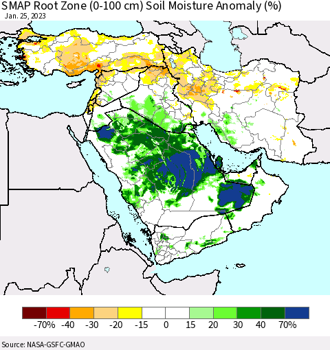 Middle East and Turkey SMAP Root Zone (0-100 cm) Soil Moisture Anomaly (%) Thematic Map For 1/21/2023 - 1/25/2023