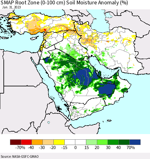 Middle East and Turkey SMAP Root Zone (0-100 cm) Soil Moisture Anomaly (%) Thematic Map For 1/26/2023 - 1/31/2023