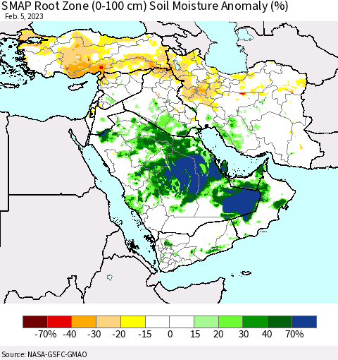 Middle East and Turkey SMAP Root Zone (0-100 cm) Soil Moisture Anomaly (%) Thematic Map For 2/1/2023 - 2/5/2023