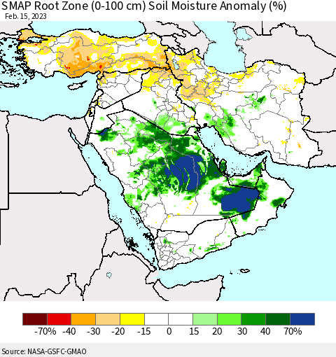 Middle East and Turkey SMAP Root Zone (0-100 cm) Soil Moisture Anomaly (%) Thematic Map For 2/11/2023 - 2/15/2023