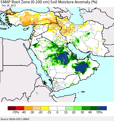 Middle East and Turkey SMAP Root Zone (0-100 cm) Soil Moisture Anomaly (%) Thematic Map For 2/16/2023 - 2/20/2023