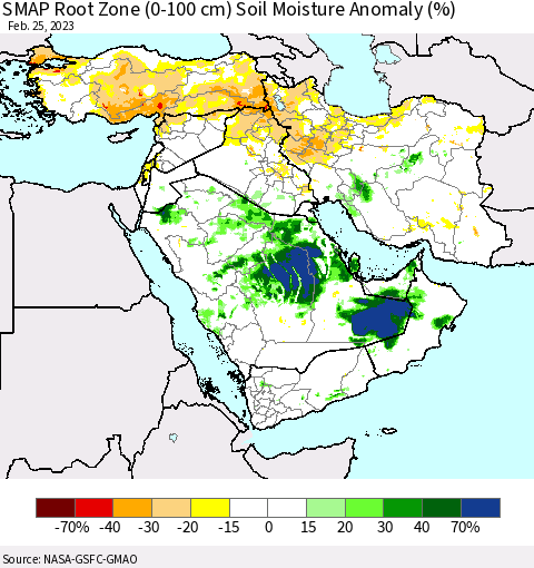 Middle East and Turkey SMAP Root Zone (0-100 cm) Soil Moisture Anomaly (%) Thematic Map For 2/21/2023 - 2/25/2023