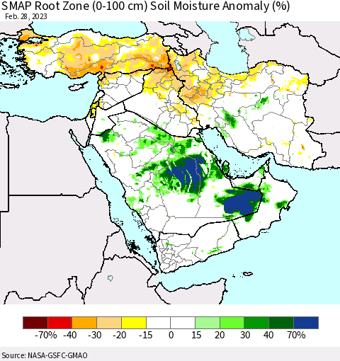 Middle East and Turkey SMAP Root Zone (0-100 cm) Soil Moisture Anomaly (%) Thematic Map For 2/26/2023 - 2/28/2023