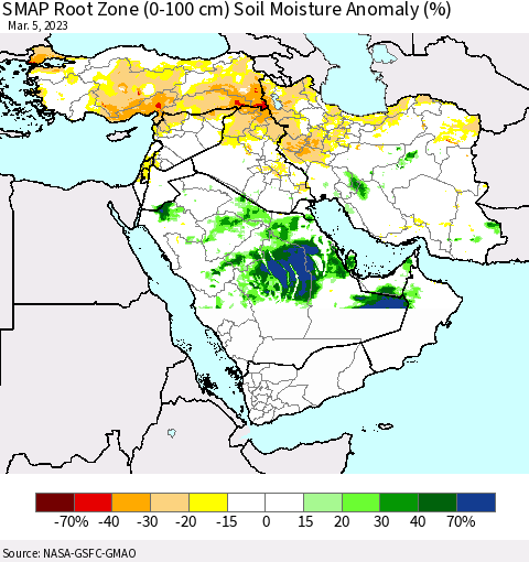 Middle East and Turkey SMAP Root Zone (0-100 cm) Soil Moisture Anomaly (%) Thematic Map For 3/1/2023 - 3/5/2023