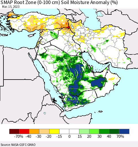 Middle East and Turkey SMAP Root Zone (0-100 cm) Soil Moisture Anomaly (%) Thematic Map For 3/11/2023 - 3/15/2023