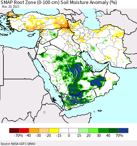 Middle East and Turkey SMAP Root Zone (0-100 cm) Soil Moisture Anomaly (%) Thematic Map For 3/16/2023 - 3/20/2023