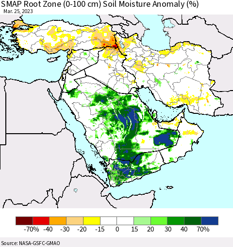Middle East and Turkey SMAP Root Zone (0-100 cm) Soil Moisture Anomaly (%) Thematic Map For 3/21/2023 - 3/25/2023
