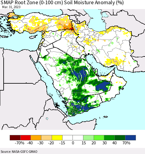 Middle East and Turkey SMAP Root Zone (0-100 cm) Soil Moisture Anomaly (%) Thematic Map For 3/26/2023 - 3/31/2023