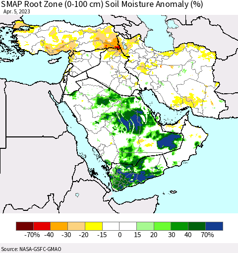 Middle East and Turkey SMAP Root Zone (0-100 cm) Soil Moisture Anomaly (%) Thematic Map For 4/1/2023 - 4/5/2023