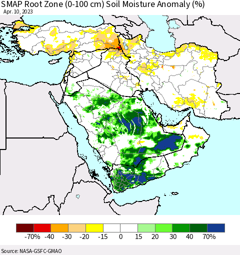 Middle East and Turkey SMAP Root Zone (0-100 cm) Soil Moisture Anomaly (%) Thematic Map For 4/6/2023 - 4/10/2023