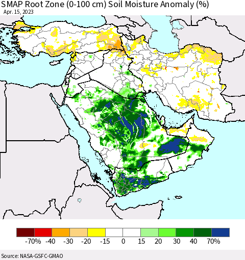 Middle East and Turkey SMAP Root Zone (0-100 cm) Soil Moisture Anomaly (%) Thematic Map For 4/11/2023 - 4/15/2023