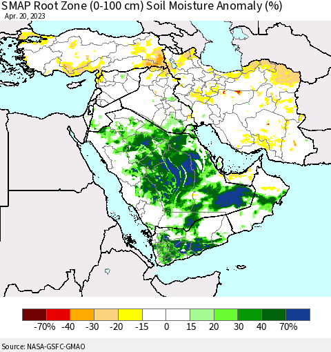 Middle East and Turkey SMAP Root Zone (0-100 cm) Soil Moisture Anomaly (%) Thematic Map For 4/16/2023 - 4/20/2023
