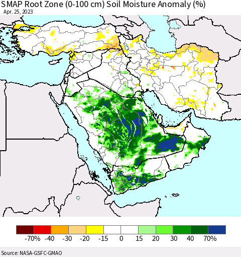 Middle East and Turkey SMAP Root Zone (0-100 cm) Soil Moisture Anomaly (%) Thematic Map For 4/21/2023 - 4/25/2023