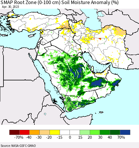 Middle East and Turkey SMAP Root Zone (0-100 cm) Soil Moisture Anomaly (%) Thematic Map For 4/26/2023 - 4/30/2023
