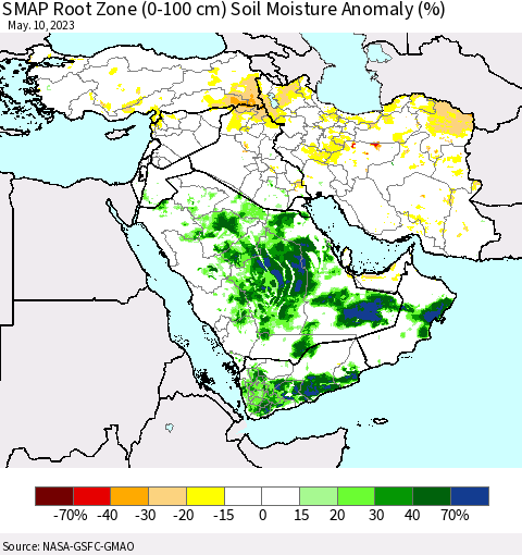 Middle East and Turkey SMAP Root Zone (0-100 cm) Soil Moisture Anomaly (%) Thematic Map For 5/6/2023 - 5/10/2023
