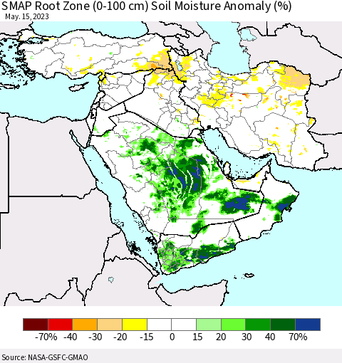 Middle East and Turkey SMAP Root Zone (0-100 cm) Soil Moisture Anomaly (%) Thematic Map For 5/11/2023 - 5/15/2023