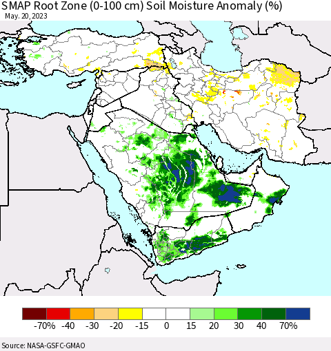 Middle East and Turkey SMAP Root Zone (0-100 cm) Soil Moisture Anomaly (%) Thematic Map For 5/16/2023 - 5/20/2023