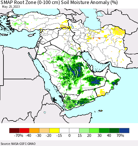 Middle East and Turkey SMAP Root Zone (0-100 cm) Soil Moisture Anomaly (%) Thematic Map For 5/21/2023 - 5/25/2023