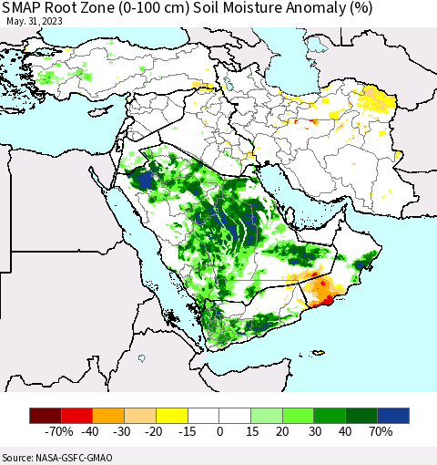 Middle East and Turkey SMAP Root Zone (0-100 cm) Soil Moisture Anomaly (%) Thematic Map For 5/26/2023 - 5/31/2023