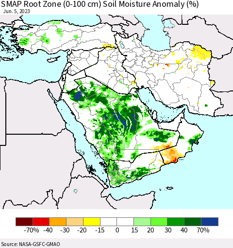 Middle East and Turkey SMAP Root Zone (0-100 cm) Soil Moisture Anomaly (%) Thematic Map For 6/1/2023 - 6/5/2023
