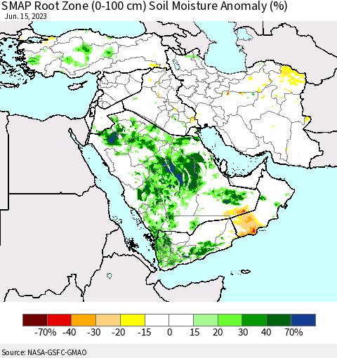 Middle East and Turkey SMAP Root Zone (0-100 cm) Soil Moisture Anomaly (%) Thematic Map For 6/11/2023 - 6/15/2023