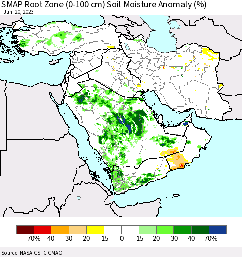 Middle East and Turkey SMAP Root Zone (0-100 cm) Soil Moisture Anomaly (%) Thematic Map For 6/16/2023 - 6/20/2023