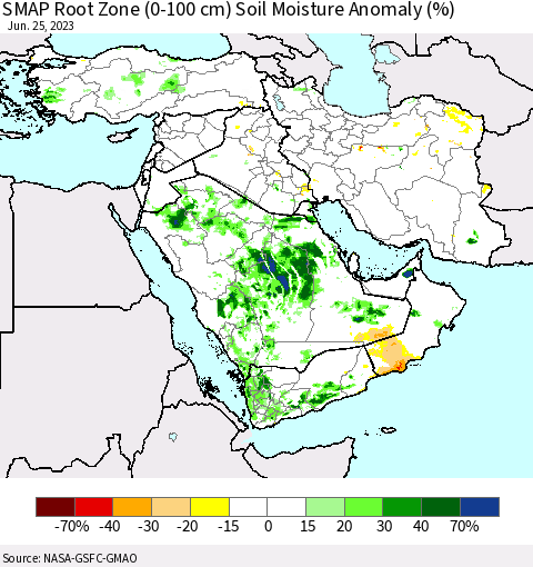 Middle East and Turkey SMAP Root Zone (0-100 cm) Soil Moisture Anomaly (%) Thematic Map For 6/21/2023 - 6/25/2023