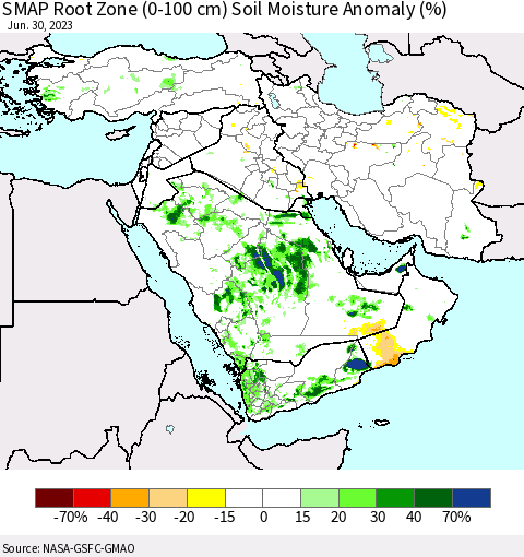 Middle East and Turkey SMAP Root Zone (0-100 cm) Soil Moisture Anomaly (%) Thematic Map For 6/26/2023 - 6/30/2023