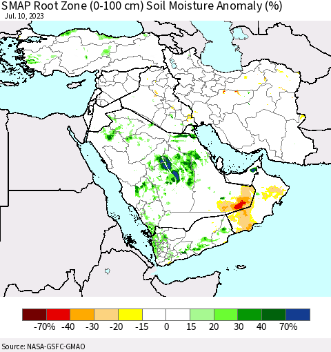 Middle East and Turkey SMAP Root Zone (0-100 cm) Soil Moisture Anomaly (%) Thematic Map For 7/6/2023 - 7/10/2023