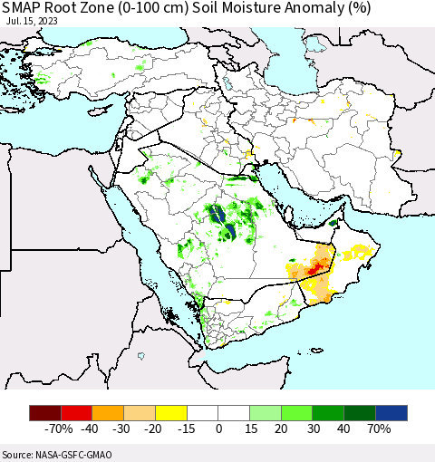 Middle East and Turkey SMAP Root Zone (0-100 cm) Soil Moisture Anomaly (%) Thematic Map For 7/11/2023 - 7/15/2023