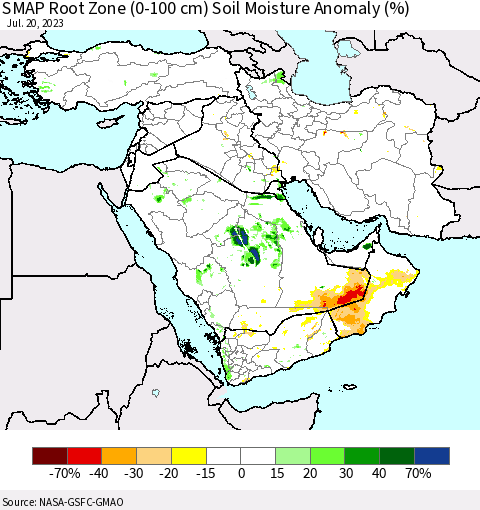 Middle East and Turkey SMAP Root Zone (0-100 cm) Soil Moisture Anomaly (%) Thematic Map For 7/16/2023 - 7/20/2023