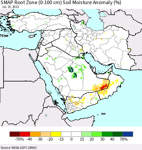 Middle East and Turkey SMAP Root Zone (0-100 cm) Soil Moisture Anomaly (%) Thematic Map For 7/21/2023 - 7/25/2023