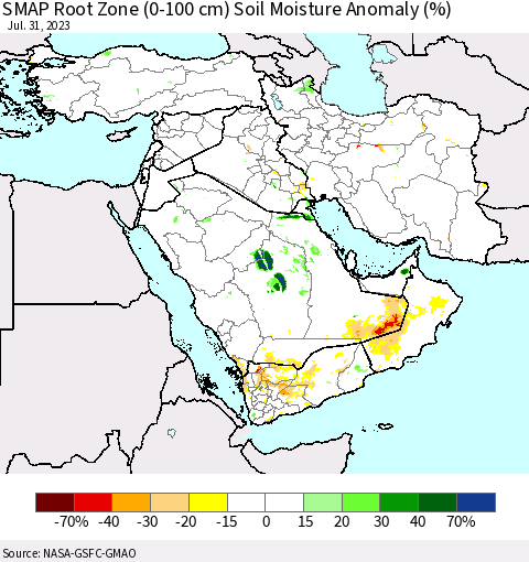 Middle East and Turkey SMAP Root Zone (0-100 cm) Soil Moisture Anomaly (%) Thematic Map For 7/26/2023 - 7/31/2023