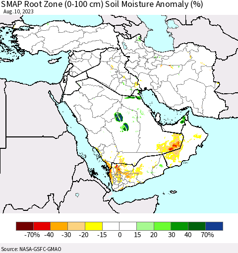 Middle East and Turkey SMAP Root Zone (0-100 cm) Soil Moisture Anomaly (%) Thematic Map For 8/6/2023 - 8/10/2023
