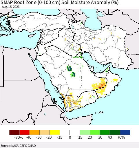 Middle East and Turkey SMAP Root Zone (0-100 cm) Soil Moisture Anomaly (%) Thematic Map For 8/11/2023 - 8/15/2023
