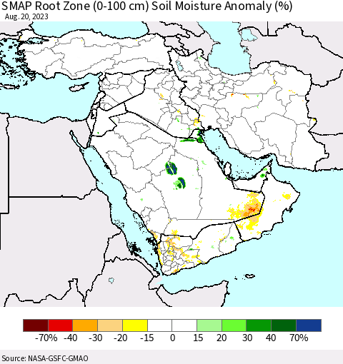 Middle East and Turkey SMAP Root Zone (0-100 cm) Soil Moisture Anomaly (%) Thematic Map For 8/16/2023 - 8/20/2023