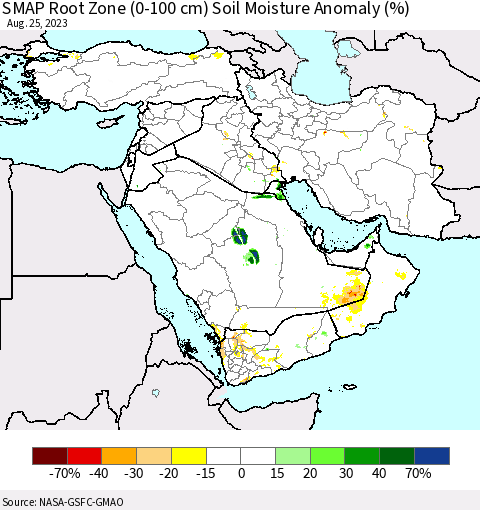 Middle East and Turkey SMAP Root Zone (0-100 cm) Soil Moisture Anomaly (%) Thematic Map For 8/21/2023 - 8/25/2023