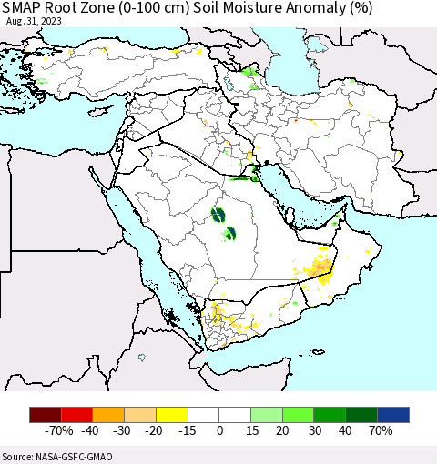 Middle East and Turkey SMAP Root Zone (0-100 cm) Soil Moisture Anomaly (%) Thematic Map For 8/26/2023 - 8/31/2023