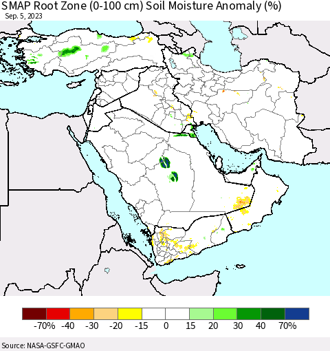 Middle East and Turkey SMAP Root Zone (0-100 cm) Soil Moisture Anomaly (%) Thematic Map For 9/1/2023 - 9/5/2023