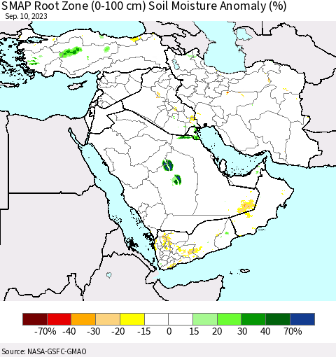 Middle East and Turkey SMAP Root Zone (0-100 cm) Soil Moisture Anomaly (%) Thematic Map For 9/6/2023 - 9/10/2023