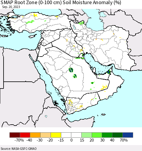 Middle East and Turkey SMAP Root Zone (0-100 cm) Soil Moisture Anomaly (%) Thematic Map For 9/16/2023 - 9/20/2023