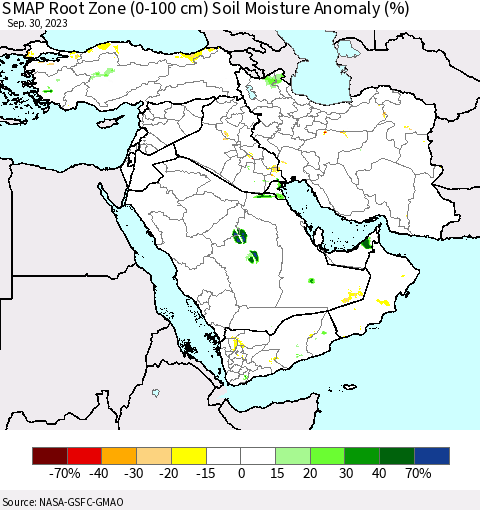 Middle East and Turkey SMAP Root Zone (0-100 cm) Soil Moisture Anomaly (%) Thematic Map For 9/26/2023 - 9/30/2023