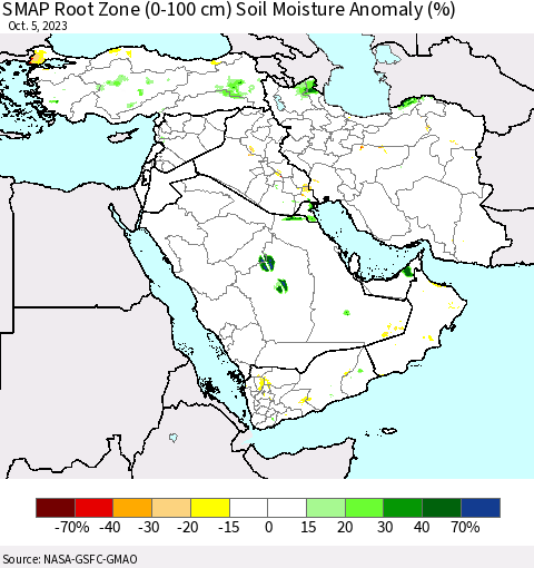 Middle East and Turkey SMAP Root Zone (0-100 cm) Soil Moisture Anomaly (%) Thematic Map For 10/1/2023 - 10/5/2023