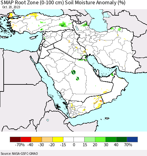 Middle East and Turkey SMAP Root Zone (0-100 cm) Soil Moisture Anomaly (%) Thematic Map For 10/16/2023 - 10/20/2023