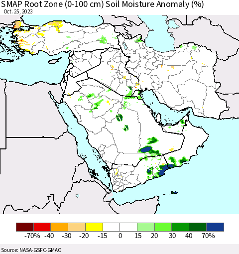 Middle East and Turkey SMAP Root Zone (0-100 cm) Soil Moisture Anomaly (%) Thematic Map For 10/21/2023 - 10/25/2023