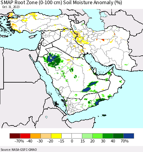 Middle East and Turkey SMAP Root Zone (0-100 cm) Soil Moisture Anomaly (%) Thematic Map For 10/26/2023 - 10/31/2023