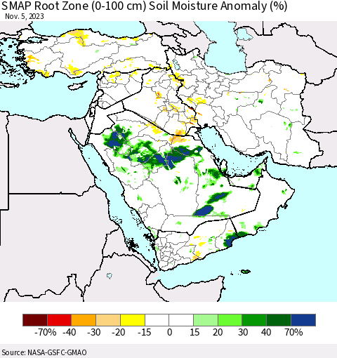 Middle East and Turkey SMAP Root Zone (0-100 cm) Soil Moisture Anomaly (%) Thematic Map For 11/1/2023 - 11/5/2023